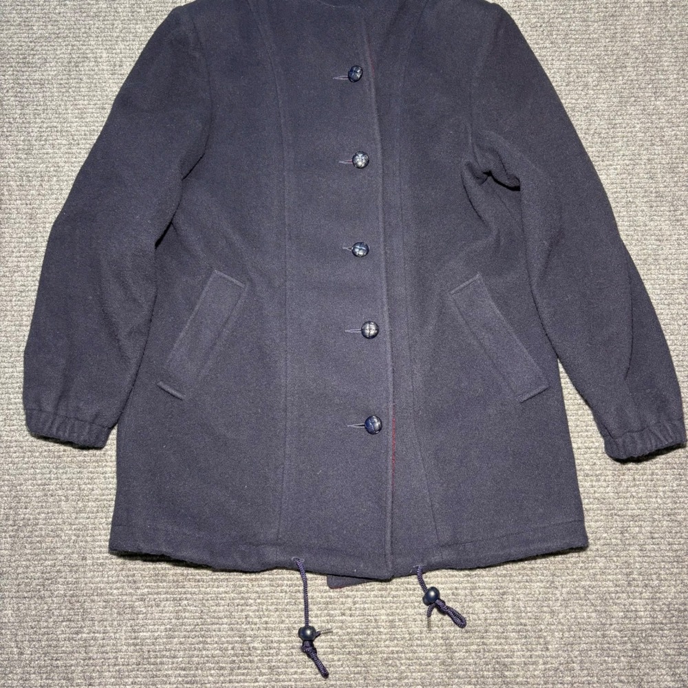 Herman Kay Womens Navy Blue Wool Blend Hooded Coat Red Lining Size 8 56012J - Picture 9 of 9